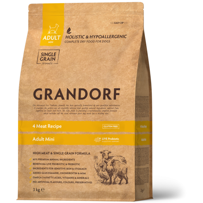 Grandorf Грандорф 4 Meat & Brown Rice Adult Mini - Грандорф Сухой корм 4 вида мяса с бурым рисом для мини пород от 1го года 3кг