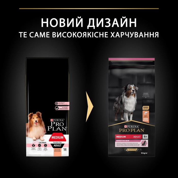 PRO PLAN  OPTIDERMA Medium Sensitive для взрослых собак пород с чувствительной кожей, лосось 14 кг