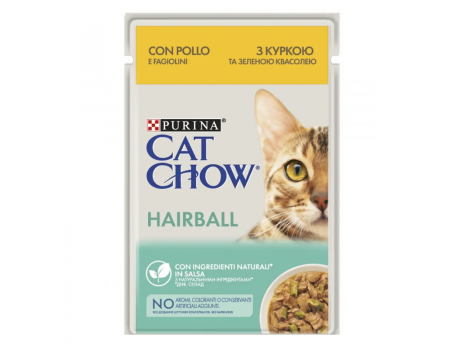 Вологий корм для кішок Cat Chow Hairball, з куркою та зеленою квасолею в желе, Пауч, 85г