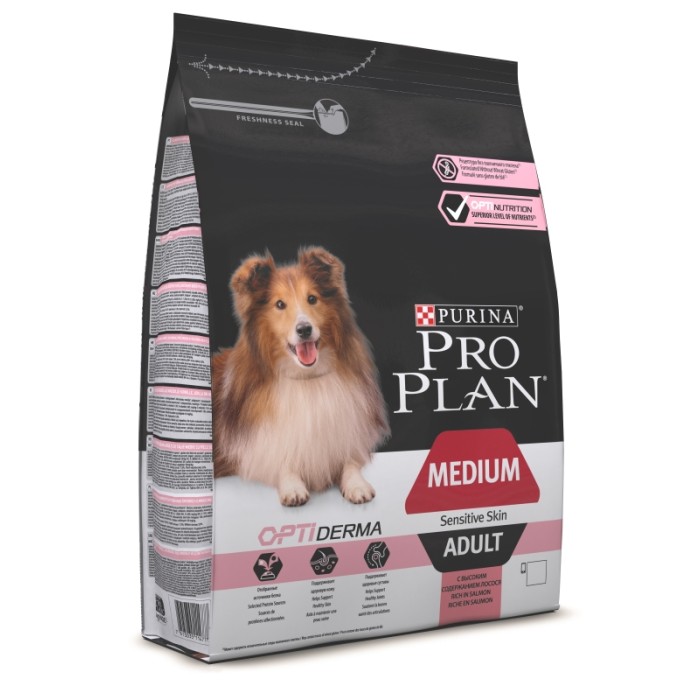 PRO PLAN  OPTIDERMA Medium Sensitive для взрослых собак пород с чувствительной кожей, лосось 14 кг