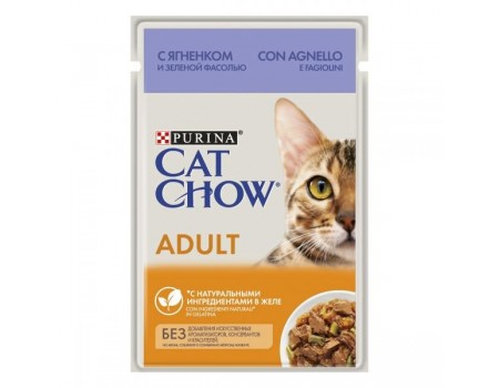 Вологий корм для кішок Cat Chow Adult, з ягням та зеленою квасолею в желе, Пауч, 85 г