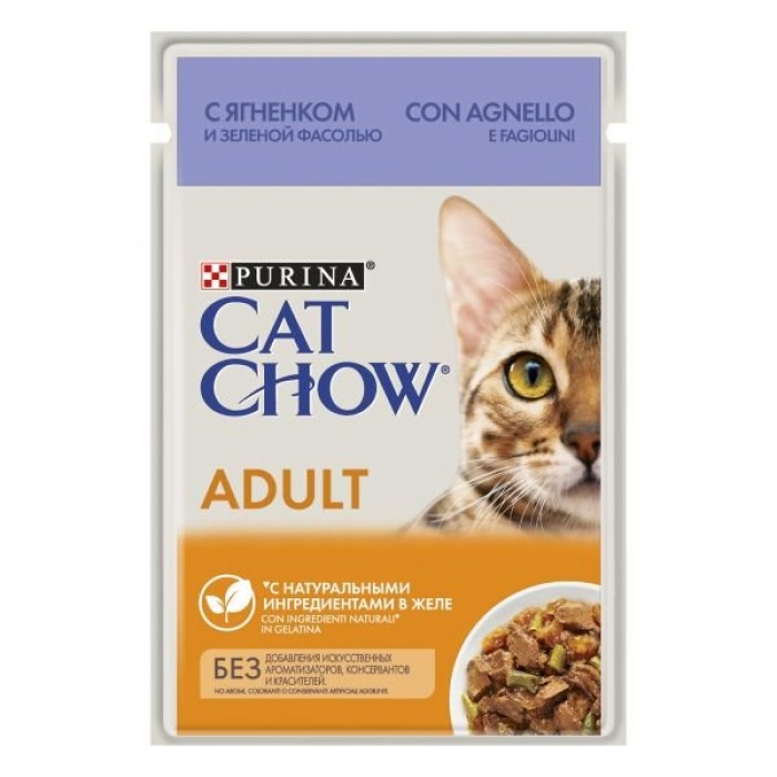 Влажный корм для кошек Cat Chow Adult, с ягненком и зеленой фасолью в желе, Пауч, 85 г