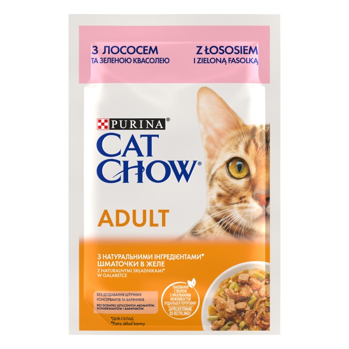 Влажный корм для кошек Cat Chow Adult, с лососем и зеленой фасолью в желе, Пауч, 85 г