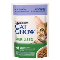 Вологий корм для кішок Cat Chow Sterilised, з ягнятком та зеленою квасолею в желе, Пауч, 85 г