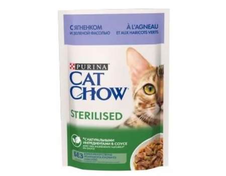 Влажный корм для кошек Cat Chow Sterilised, с ягненком и зеленой фасолью в желе, Пауч, 85 г