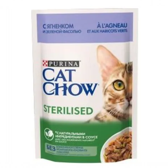 Влажный корм для кошек Cat Chow Sterilised, с ягненком и зеленой фасолью в желе, Пауч, 85 г