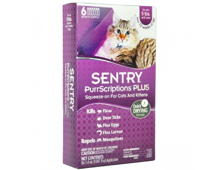 Sentry PurrScriptions СЕНТРИ ПУРРСКРИПШНС капли от блох и клещей для кошек весом от 2,2 кг , от 2,2 кг, 1,4 мл, 3 шт/уп, (цена за пипетку).
