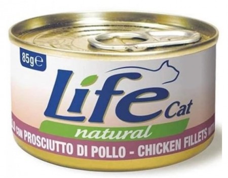 LifeCat Natural с курицей и ветчиной в бульоне Натуральные консервы на основе филе курицы  (70%) и ветчины (5%) для кошек, 85 г 