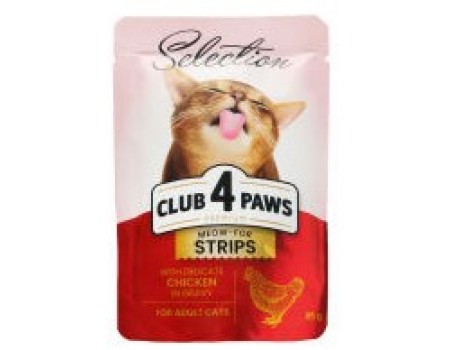 CLUB 4 PAWS + Плюс Пауч Влажный корм для кошек Мясные полоски с курицей в соусе, 85 г  