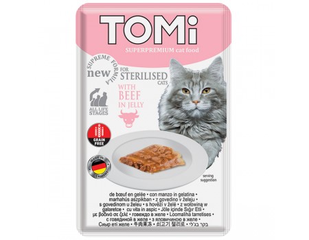 TOMi Sterilised Beef in Jelly ТОМИ СТЕРИЛАЙЗИД ГОВЯДИНА В ЖЕЛЕ суперпремиум влажный корм консервы для стерилизованных кошек и кастрированных котов, пауч, 85г