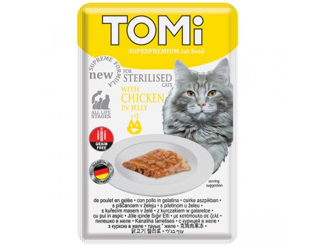 Влажный корм TOMi Sterilised, для стерилизованных кошек и кастрированных котов, пауч, курочка в желе, 85г