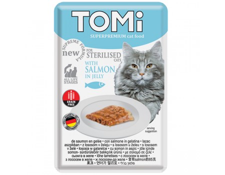 Влажный корм TOMi Sterilised Salmon in Jelly, для стерилизованных кошек и кастрированных котов, лосось в желе, пауч, 85г
