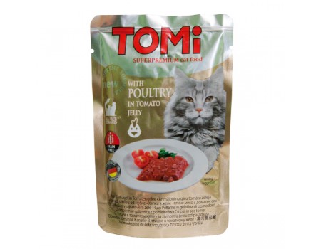 TOMi POULTRY in tomato jelly ТОМИ ПТИЦА В ТОМАТНОМ ЖЕЛЕ суперпремиум влажный корм, консервы для кошек, пауч , 0.1 кг.