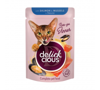 Корм для дорослих котів Delickcious “Шматочки з лососем і мідіями в со..