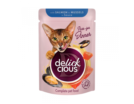 Корм для дорослих котів Delickcious “Шматочки з лососем і мідіями в соусі”, 85 г