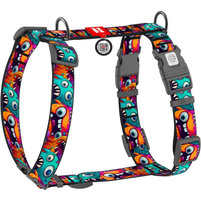 WAUDOG Nylon анатомическая H-образная шлея для собак, размер S (15 мм, шея 30-45 см, грудь 36-45 см), рисунок "Зубастые монстры"