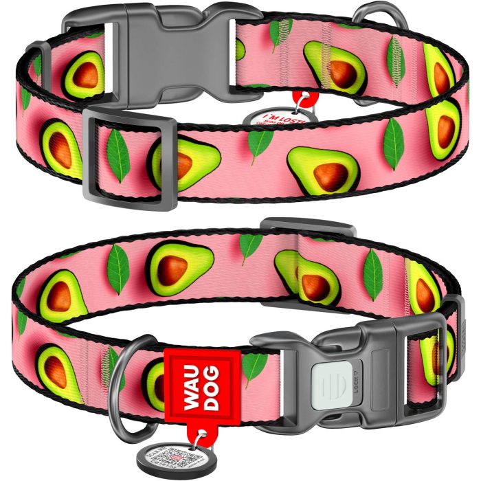WAUDOG Nylon нашийник для собак з QR паспортом, розмір XS (10 мм, 20-30 см), "Авокадо на рожевому"
