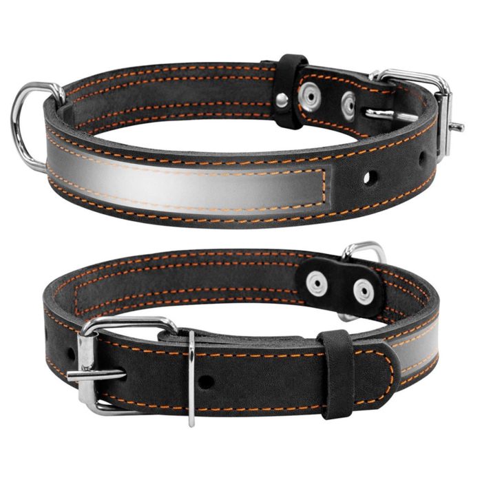 CoLLaR Reflective ошейник для собак кожаный со светоотражающей лентой, S, ширина 20 мм, длина 32-40 см, черный