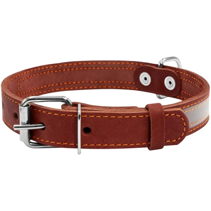 CoLLaR Reflective ошейник для собак кожаный со светоотражающей лентой, S, ширина 20 мм, длина 32-40 см, коричневый
