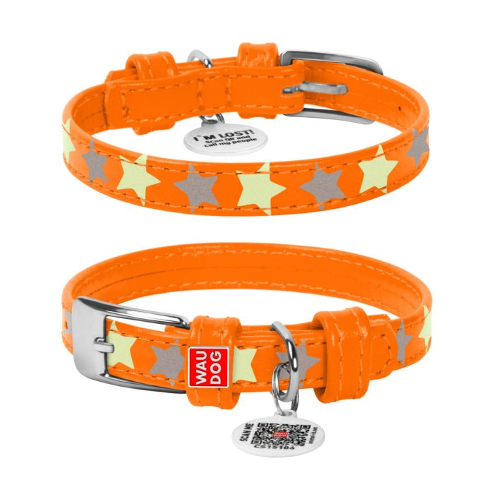 WAUDOG Glamour нашийник для собак, розмір XS (12 мм, 19-25 см), візерунок "Зірочка", світиться у темряві, помаранчевий