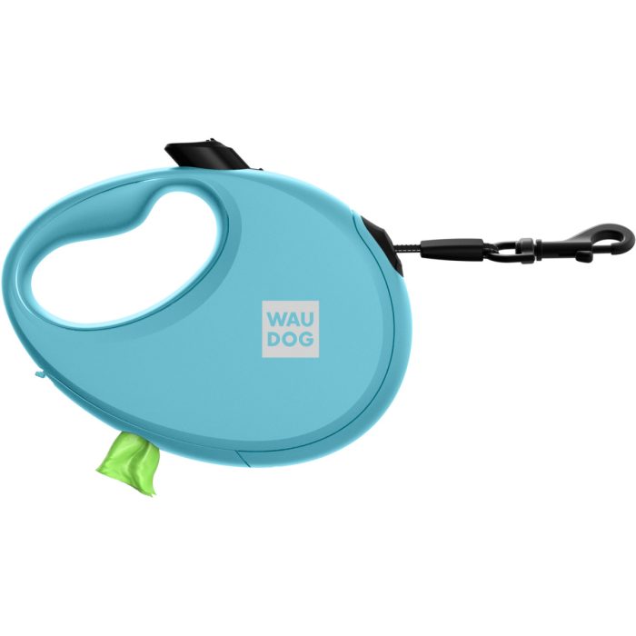 WAUDOG R-leash поводок-рулетка для собак, размер S (3 м, до 12 кг), с контейнером для пакетов, светоотражающая лента, голубой