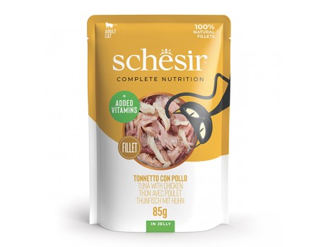 Schesir Tuna & Chicken в желе – повнораціонний вологий корм для котів, пауч 85 г