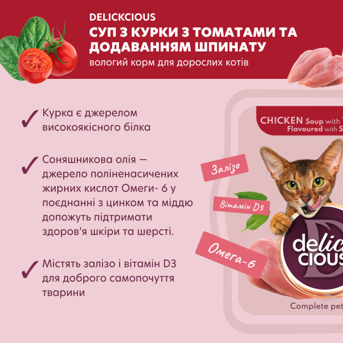 Повнораціонний корм для дорослих котів DELICKCIOUS, суп з курки з томатами та додаванням шпинату, 80 г
