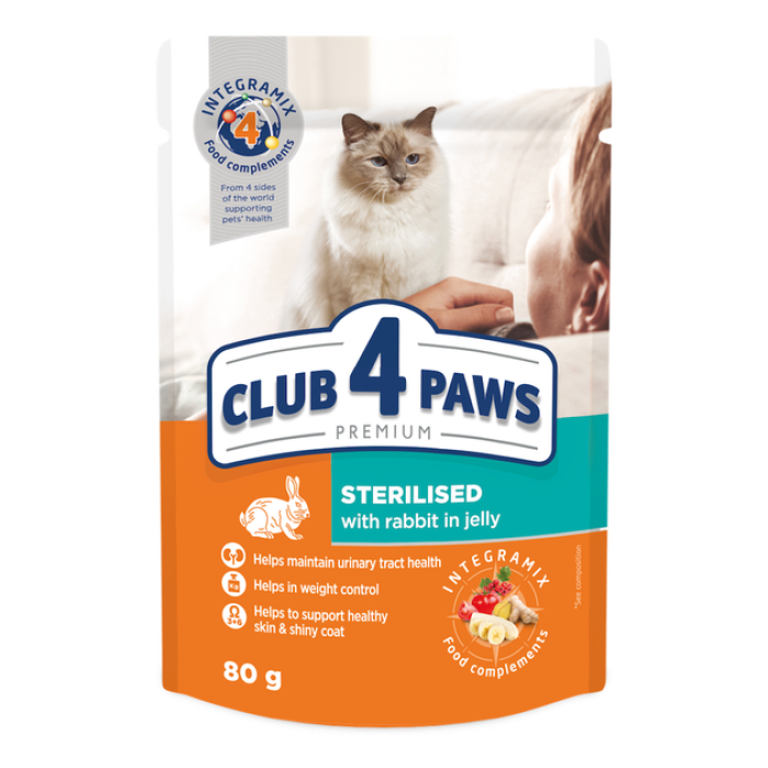 Пауч Club 4 Paws для кошек стерилизованых с кроликом в желе 80г