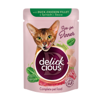 Корм для дорослих котів Delickcious “Шматочки з качкою, курячим філе і шпинатом в соусі”, 85 г