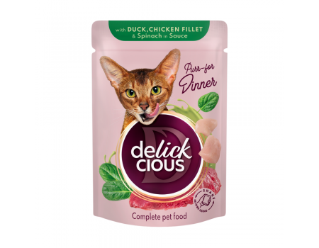 Корм для дорослих котів Delickcious “Шматочки з качкою, курячим філе і шпинатом в соусі”, 85 г