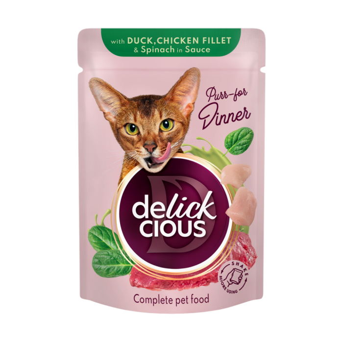 Корм для дорослих котів Delickcious “Шматочки з качкою, курячим філе і шпинатом в соусі”, 85 г