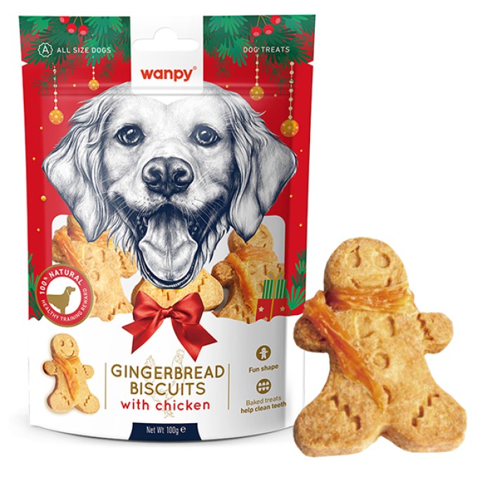 Ласощі для собак Wanpy Gingerbread Biscuits with Chicken, ІМБИРНИЙ ПРЯНИК З КУРКОЮ, 0.1 кг., в пакунку 7 шт. ласощів