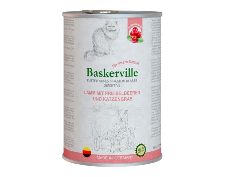 Влажный корм Baskerville Sensitive Lamm Mit Preiselbeeren для котов, ягненок с клюквой и кошачьей мятой, 400 г