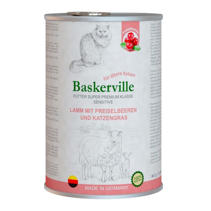 Влажный корм Baskerville Sensitive Lamm Mit Preiselbeeren для котов, ягненок с клюквой и кошачьей мятой, 400 г