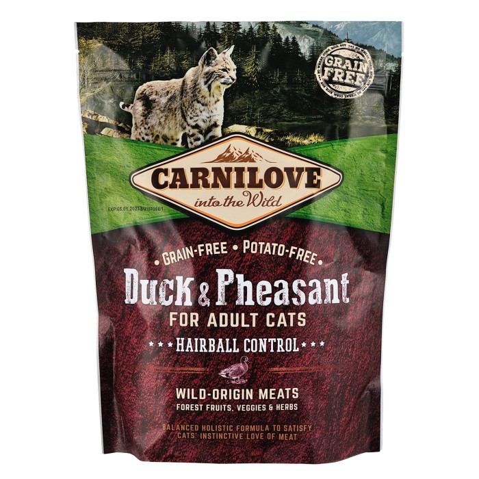 Корм сухой Carnilove Duck & Pheasant Hairball Control, для взрослых кошек, выведение комков шерсти, с уткой и фазаном, 400 г