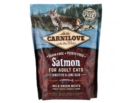 Carnilove Cat Salmon Sensitive & LongHair с лососем для взрослых кошек с чувствительным пищеварением и длинношерстных кошек 400г