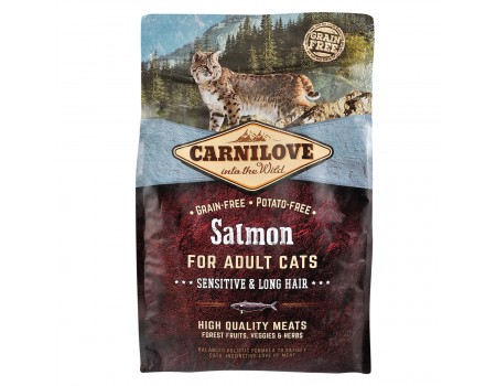 Carnilove Cat Salmon Sensitive & LongHair с лососем для взрослых кошек с чувствительным пищеварением и длинношерстных кошек 2кг