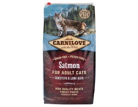 Carnilove Cat Salmon Sensitive & LongHair с лососем для взрослых кошек с чувствительным пищеварением и длинношерстных кошек 6кг