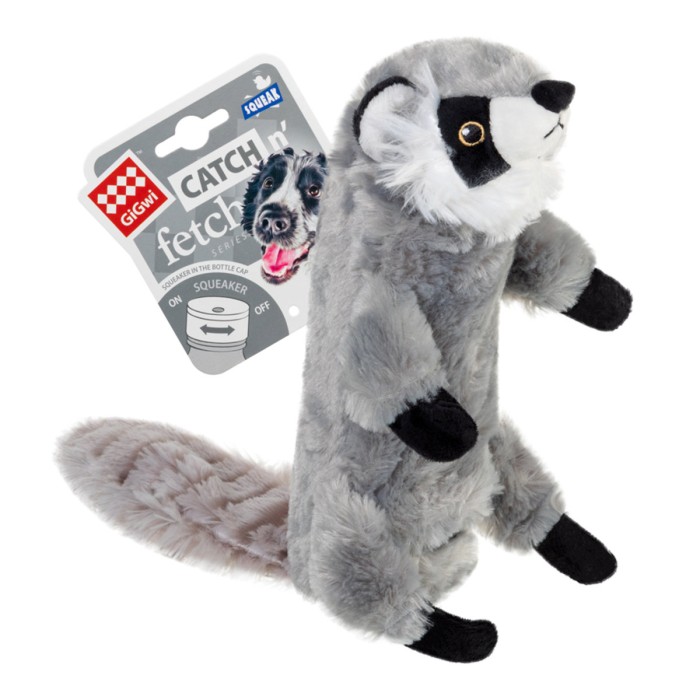 Игрушка для собак Шкурка енота с бутылкой пищалкой GiGwi Catch & fetch, искусственный мех, пластик, 51 см