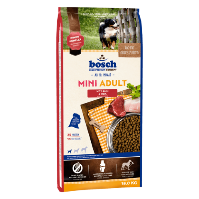 Акція Сухий корм Bosch Mini Adult, ягня та рис 15кг+3 кг