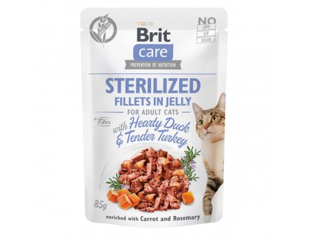 Влажный корм Brit Care Cat pouch, для стерилизованных кошек, филе утки и индейки в желе, 85 г