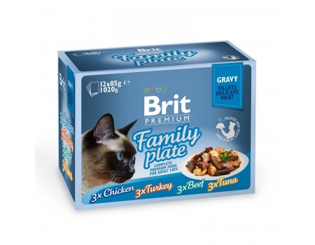 Вологий корм Brit Premium Набір павучів для кішок Family Plate Gravy Шматочки в соусі 12x85 г