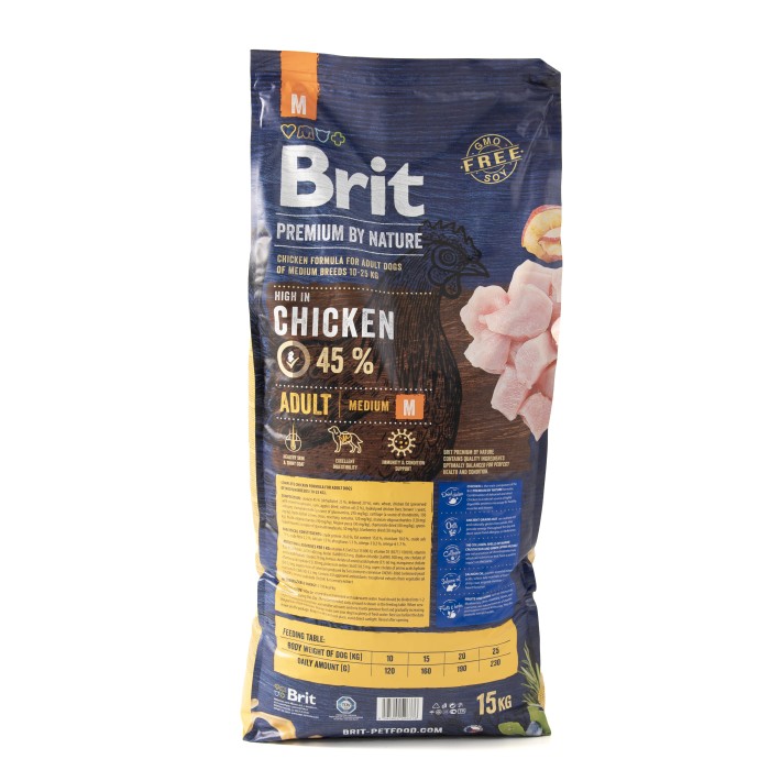 Сухой корм для взрослых собак средних пород Brit Premium Dog Adult M с курицей, 15 кг