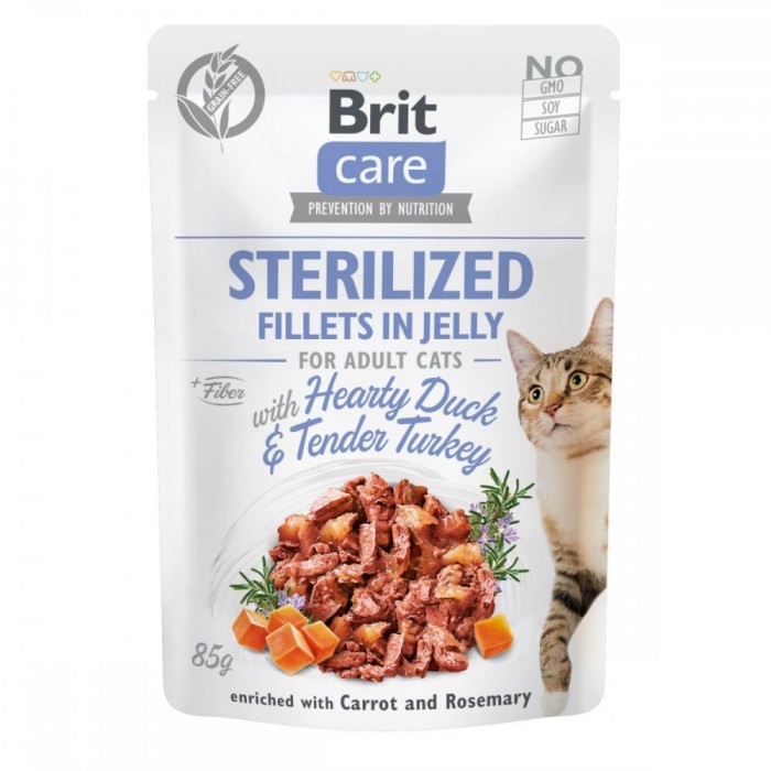 Вологий корм Brit Care Cat pouch, для стерилізованих кішок, філе качки та індички в желе, 85 г