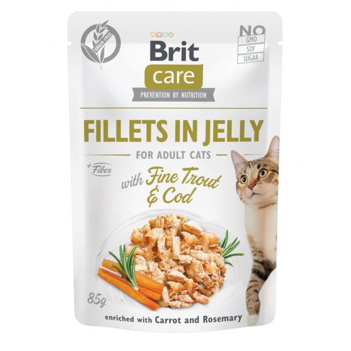 Влажный корм Brit Care Cat pouch, для кошек, филе трески и форели в желе, 85 г