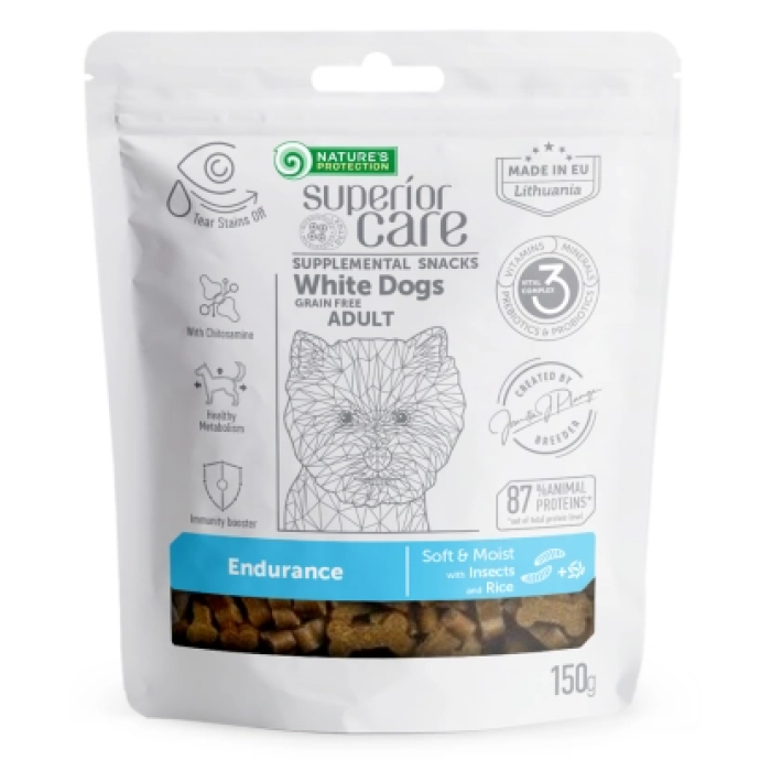 Беззернові ласощі Nature's Protection Superior Care White Dogs Endurance, для собак світлих забарвлень, білок комах та рис, 150 г