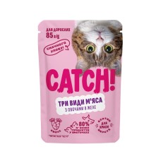 Вологий корм CATCH! для дорослих котів, з трьома видами м'яса та овочами в желе, 85 г