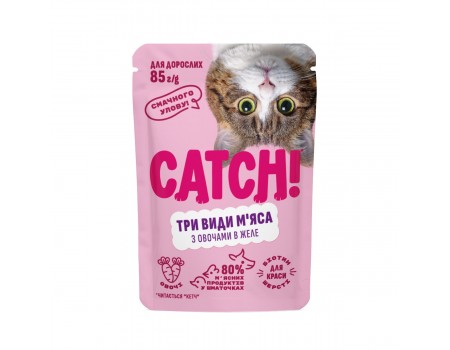 Вологий корм CATCH! з трьома видами м'яса та овочами в желе, для дорослих котів 85 г