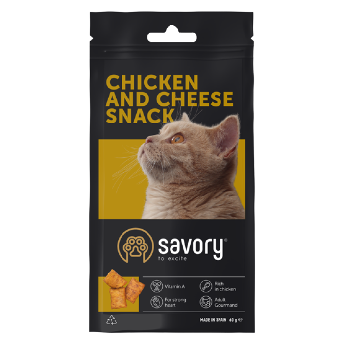 Ласощі для заохочення котів Savory Snack Chicken and Cheese, подушечки з куркою та сиром, 60 г
