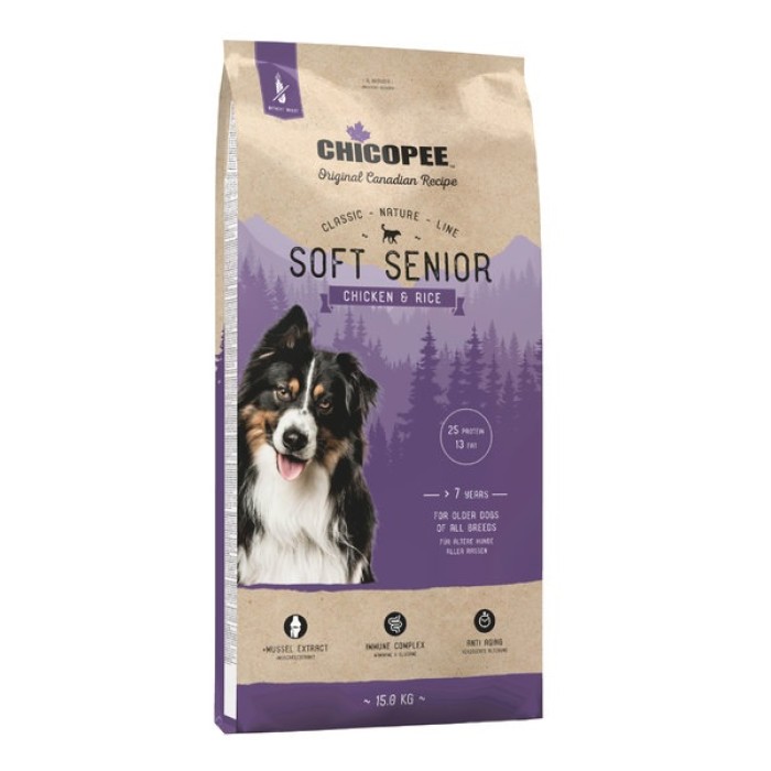 Chicopee CNL Soft Senior Chicken & Rice – напіввологий корм для літніх собак усіх порід із куркою та рисом. 15 кг